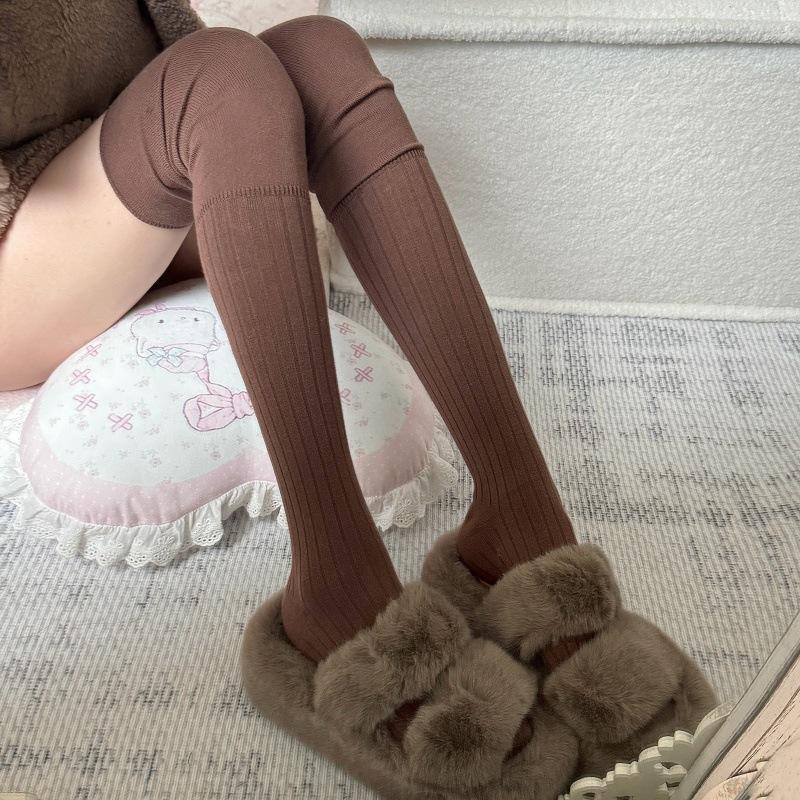 Spring And Autumn Milk White Stockings Women'S Khaki High Stockings Beige Thigh Socks Japanese Splicing Knee Socks Stacking Socks