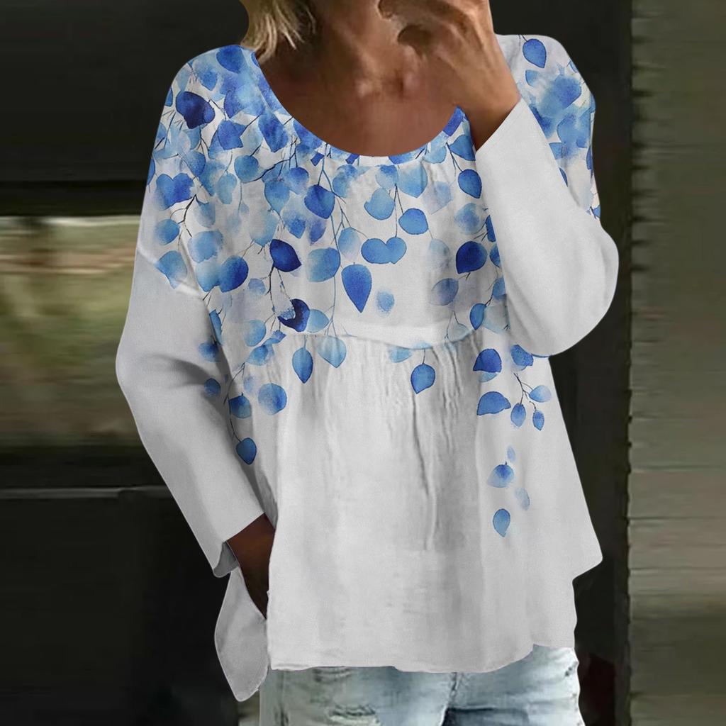 Women's Casual Fashion Loose Round Neck Floral Print Long Sleeve Top