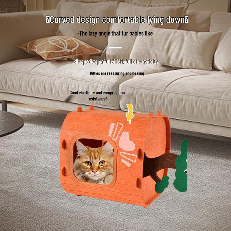Semi-Enclosed Washable Felt Cat Bed: Warm, Comfortable, and Private Resting Nest for Cats.