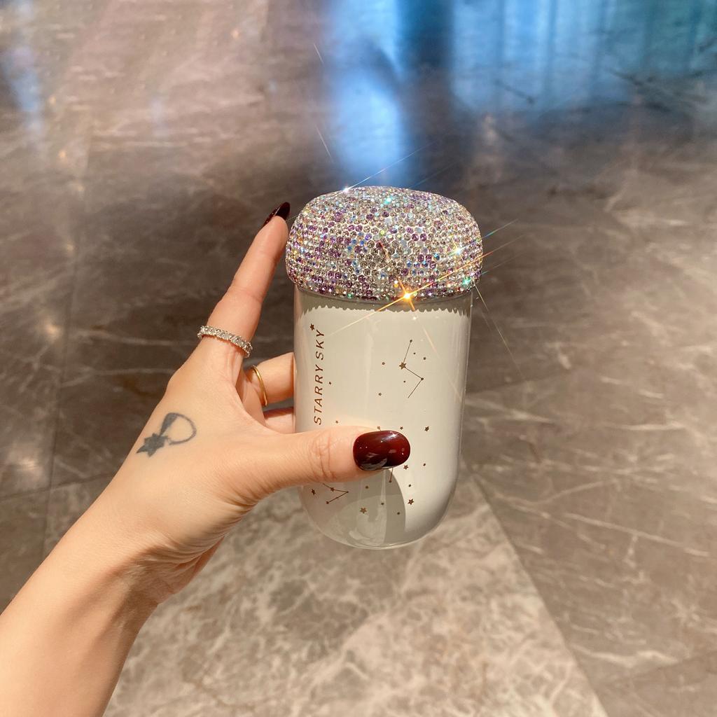 Constellation Star Pattern Thermal Coffee Mug With Diamond Studded Lid Drinkware For Girls Thermos Cafe Keep Cold Hot Insulated