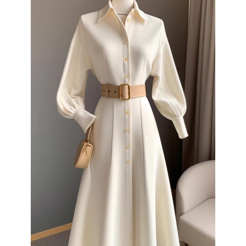 Chic Commuter White A-Line Dress: Korean Style Slim Fit for Autumn/Winter