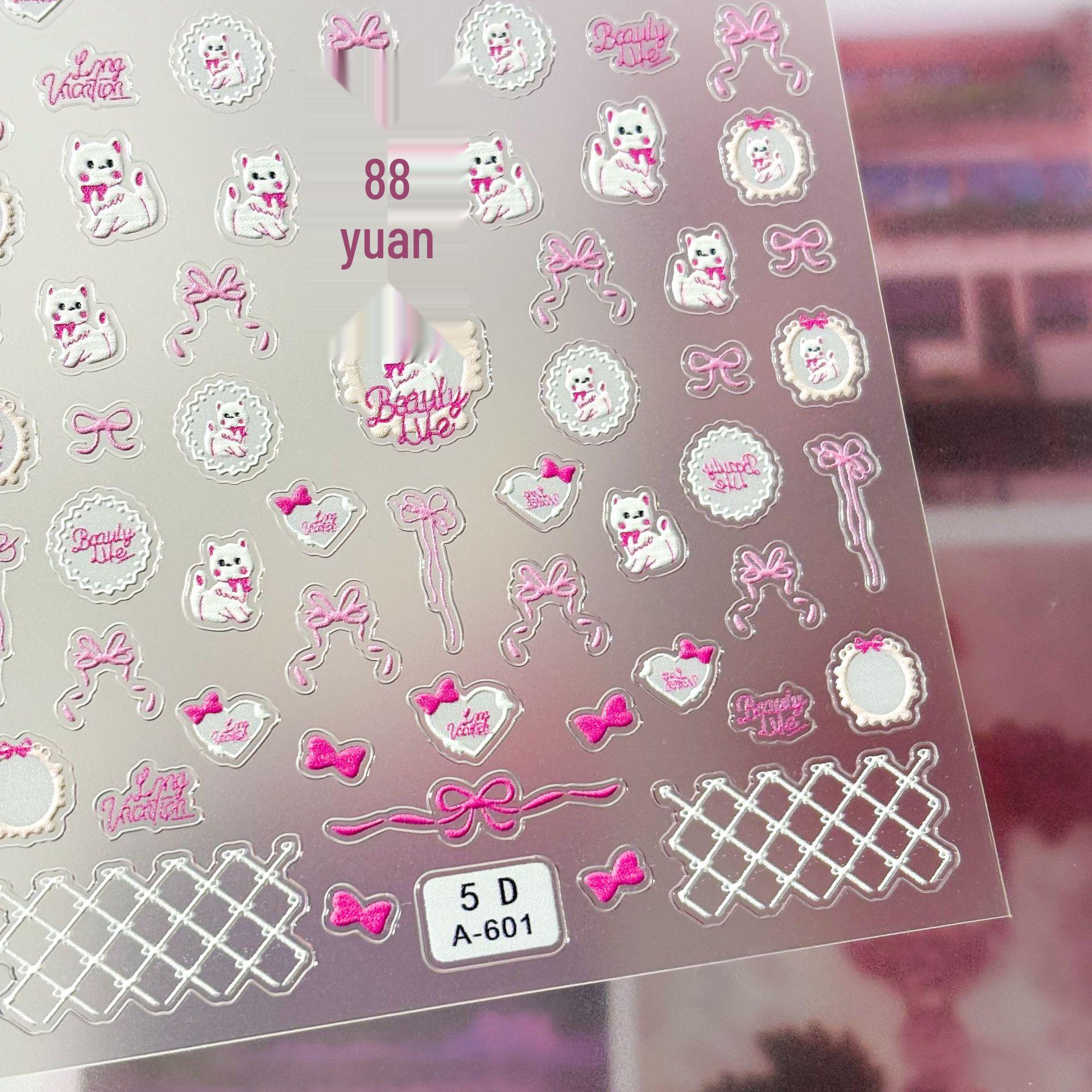 3D Pink Lolita Bow 5D Embossed Cat Nail Stickers DIY Embossed A-601