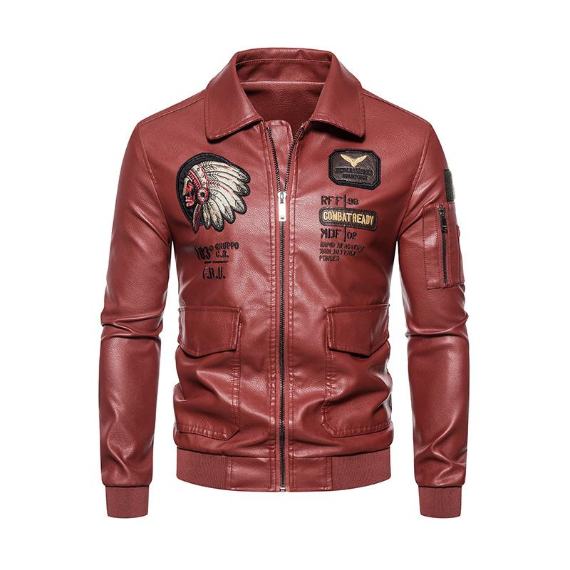 New Men's Pu Leather Jacket Men's Lapel Embroidered Motorcycle Jacket Spring and Autumn Men's Casual Trendy Leather Jacket