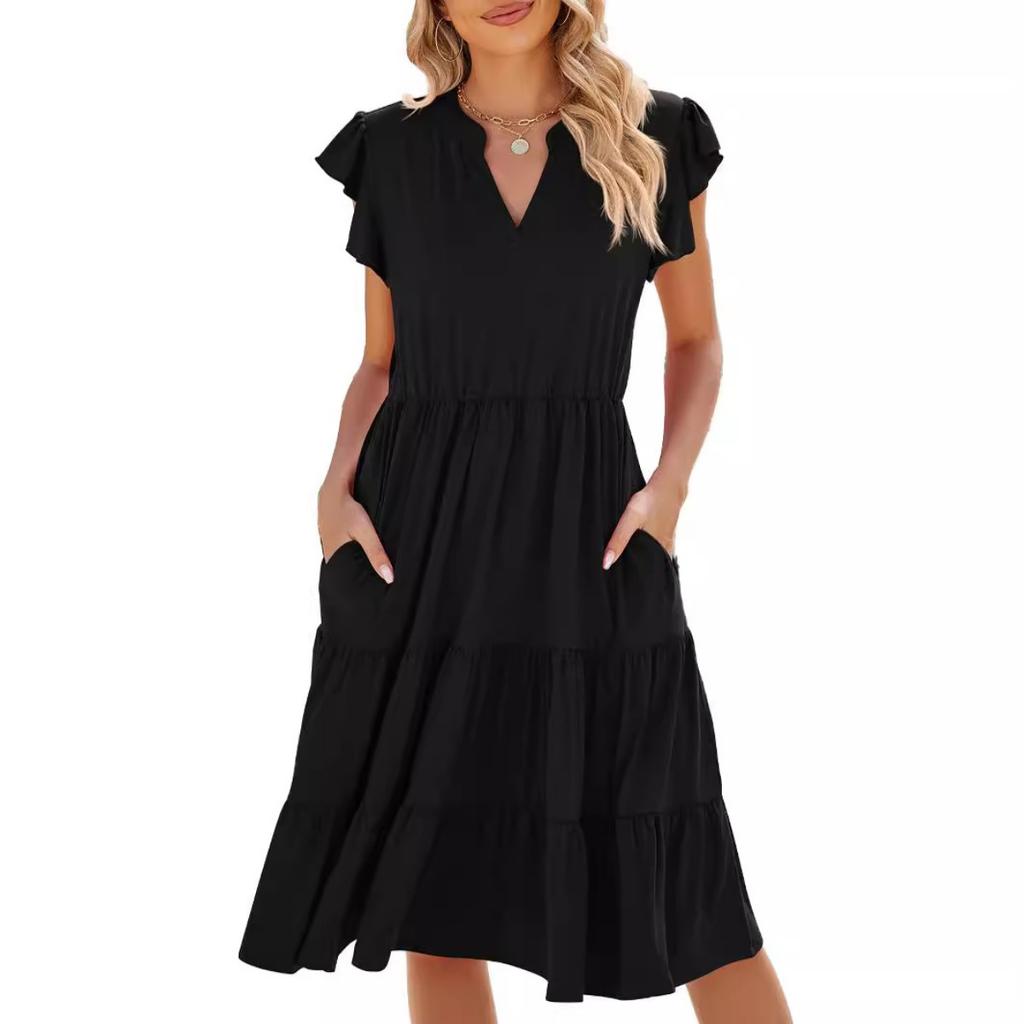 Spring Summer New Solid Color V-neck Loose Short Sleeve Waist-tucked Patchwork Dress for Amazon Cross-border Trade Women