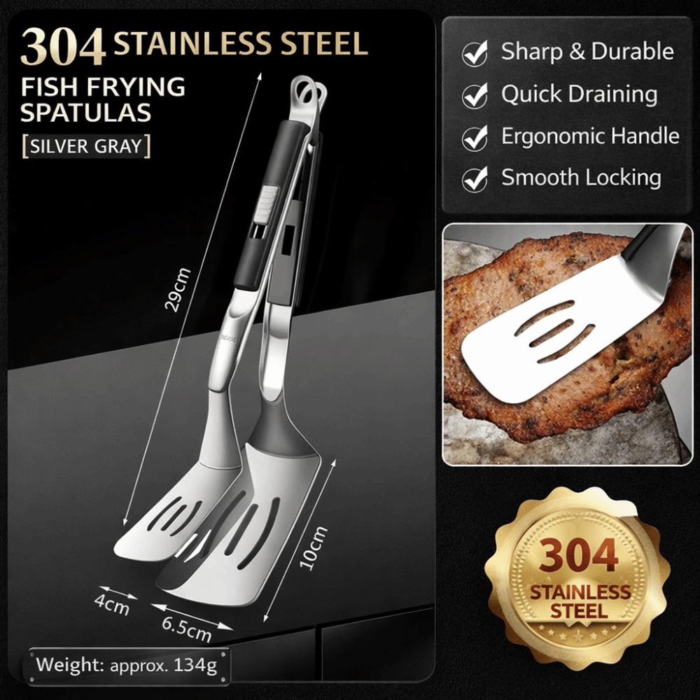 304 Stainless Steel Spatula Tong 2 in 1 Multi-Functional Fish Steak Spatula Extended Handle Heat-Resistant Flip Spatula чёрный