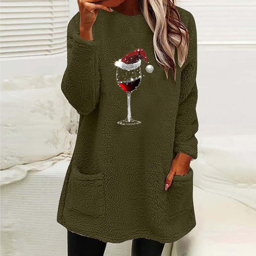 Women's Christmas Wine Glass Print Double-Sided Fleece Long Sleeve Pocket Hoodie