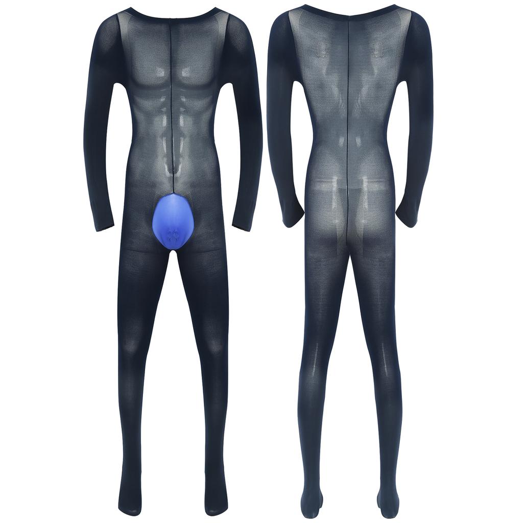 Mens Solid Color Bodystocking Long Sleeve Stretchy Bodysuit with Bulge Pouch Nightwear Underwear