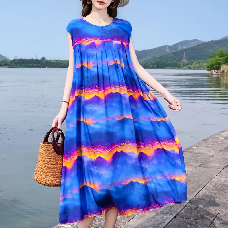Casual Beach Dresses for Woman Plus Size Loose Vintage Print Long Sleeveless Dress Summer Women's Clothing