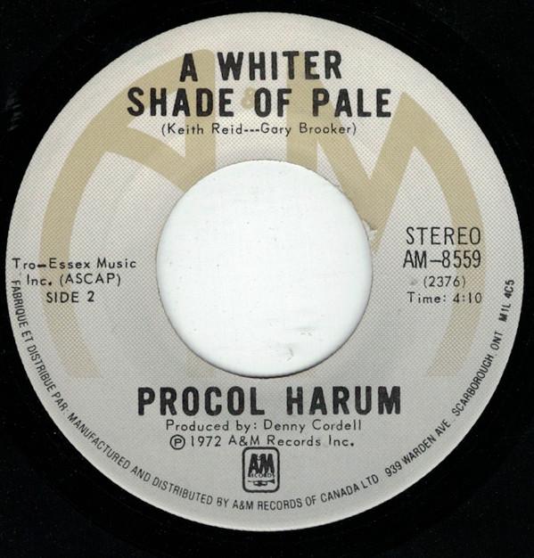 

7inch Record PROCOL HARUM - Conquistador / A Whiter Shade Of Pa AM8559 A&M Records Canada Rock Used