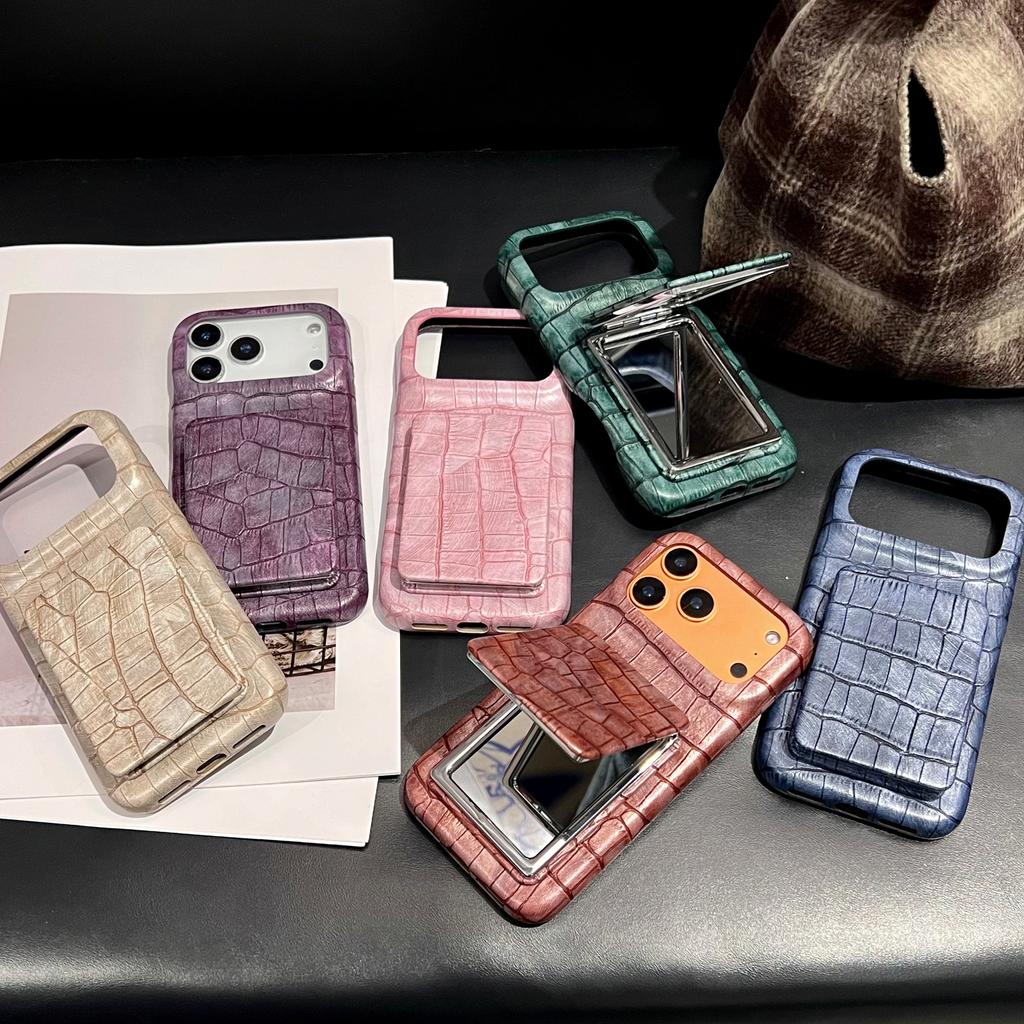 Retro Fashion Leather Imitation Crocodile Skin Texture Cover Case For iPhone 17 16 15 14 13 Pro Max with Flip-up Mirror Holder