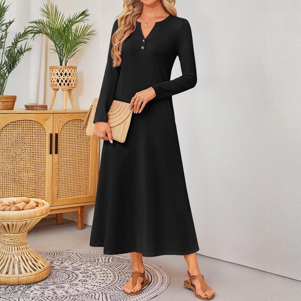 Women Solid-color Long-sleeved Comfortable Loose Dress, Elegant Dress