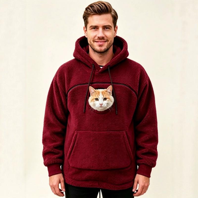 Mens Hooded Fleece Sweatshirt With Pet-Themed Pockets Warm Casual Long Sleeve Top Winter