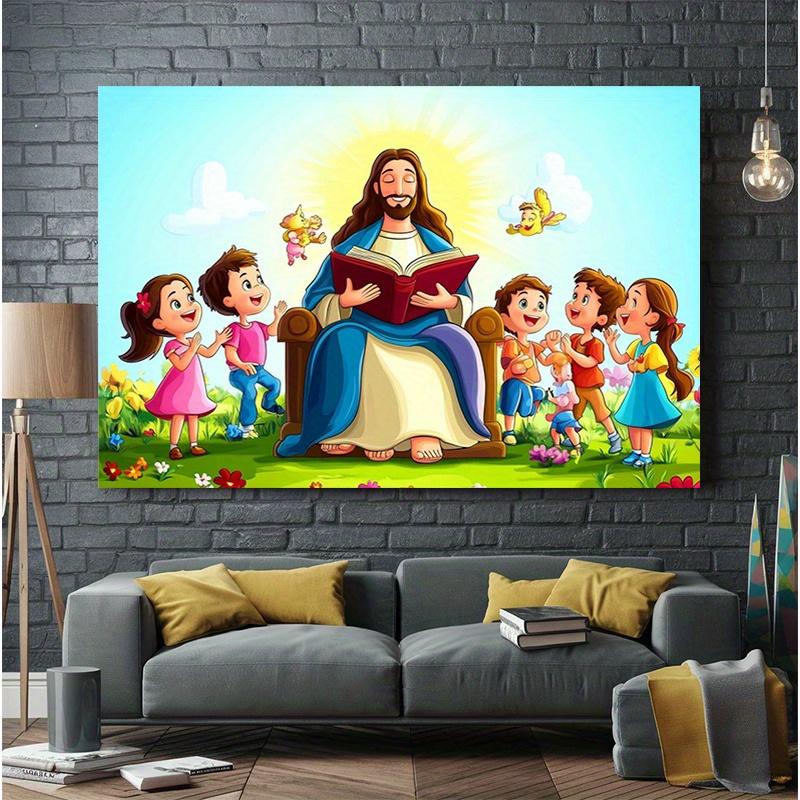 1 Jesus Teaching Children Religious Party Banner - Polyester Fabric Wall Decoration, Party Background | Bright Wall Banner