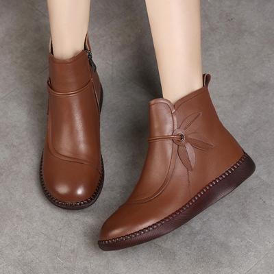 2024 Winter Genuine Leather Ankle Boots Handmade Lady Soft Flat Shoes Comfortable Casual Moccasins Side Zip Boots Mom