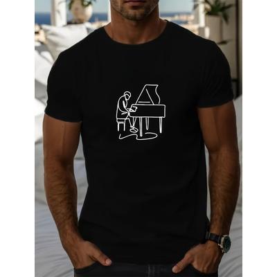 Herren Sommer Freizeit T-Shirt mit Klavierdruck, Weiche Baumwolle, Rundhalsausschnitt, Kurze Ärmel, Atmungsaktives Gewebe