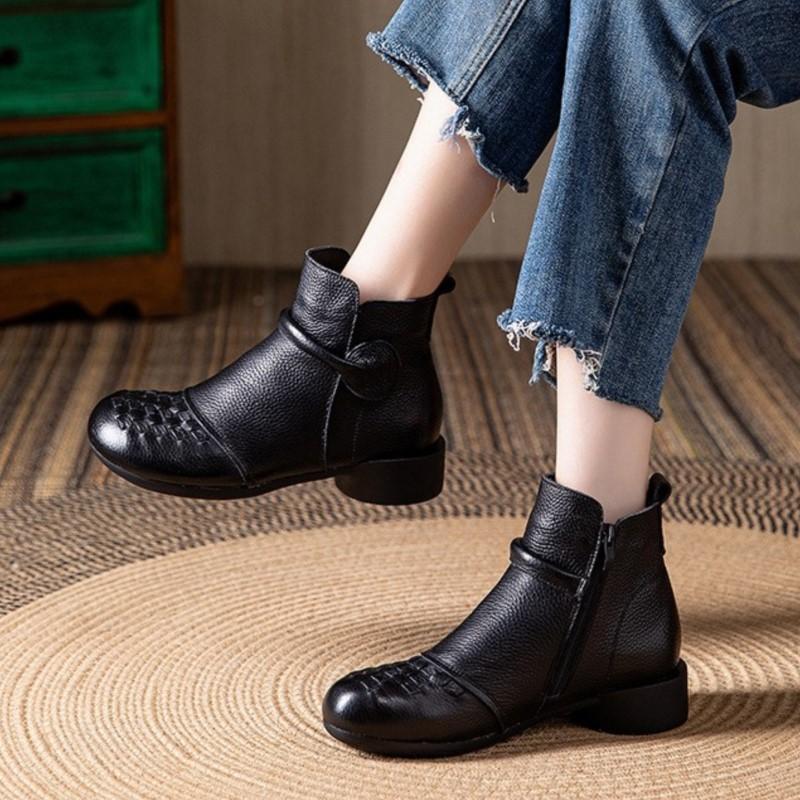 

Johnature Genuine Leather Ethnic Style Warm Round Toe Short Boots Thick Heel Hand Woven Retro Women s Boots 35 чёрный
