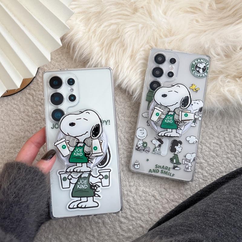 Cute Cartoon Funny Snoopy coffee Phone Case For Samsung S22 S23 S22 S24 S25 S26 Ultra Plus Snoopy Cear TPU Magnetic Cover