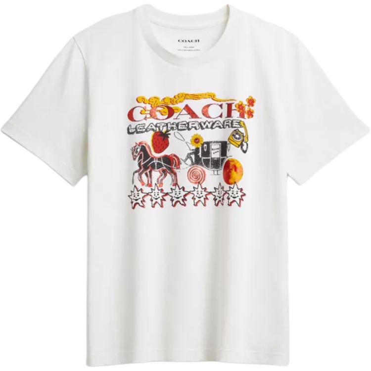 

Coach Cotton Round Neck Carriage Pattern FW25 Drop Shoulder T-Shirt Women tops CDD13-NFY M