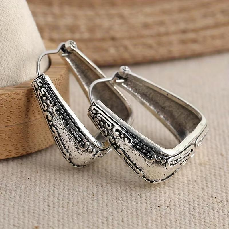 Huajie Irregular Boho Vintage Style Ancient Silver Color Hoop Earrings for Women Classic Daily Ear  Trend