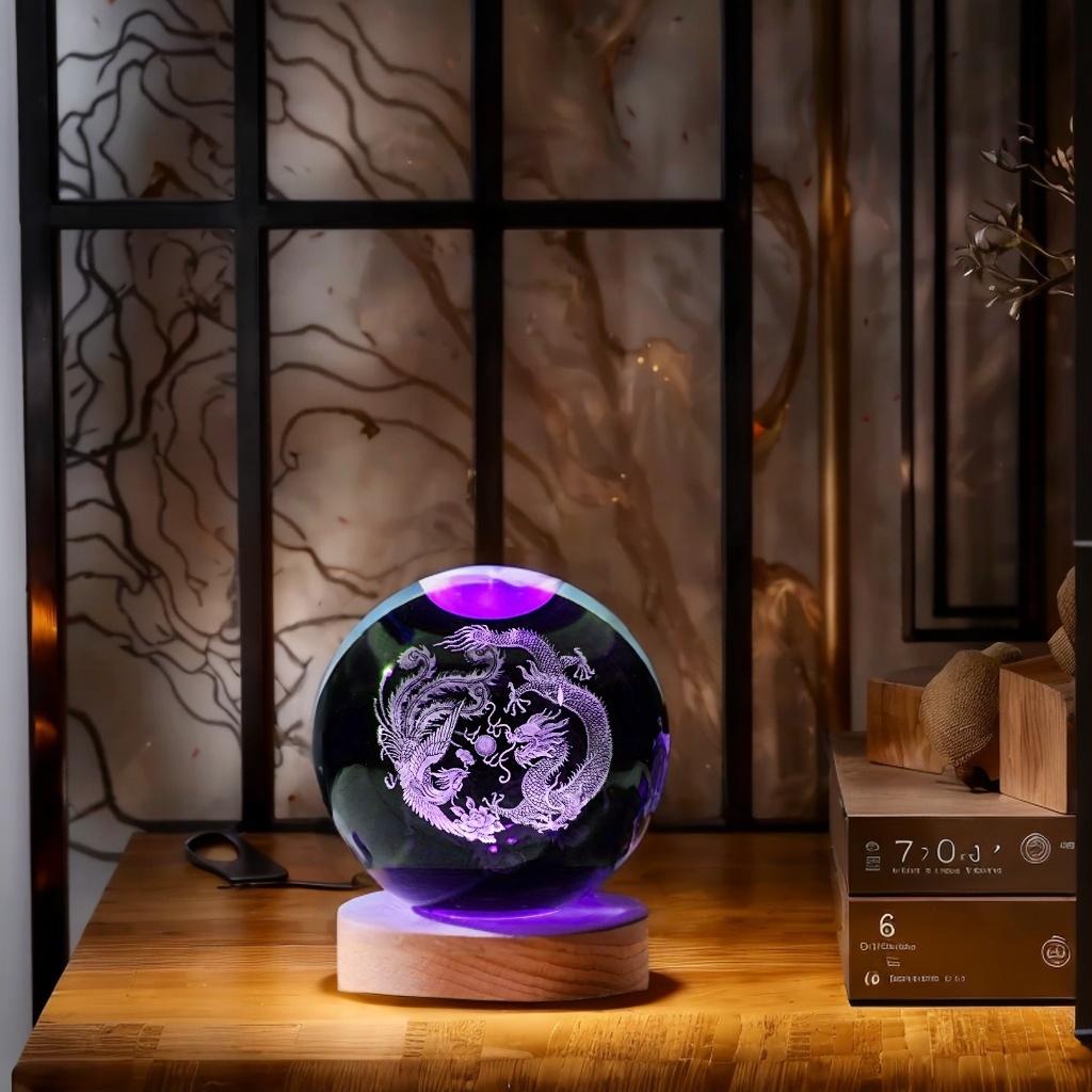 1pc 3D Laser Engraving Dragon Phoenix Auspicious Crystal Ball Night Light Modern Polished Glass Decoration Christmas H
