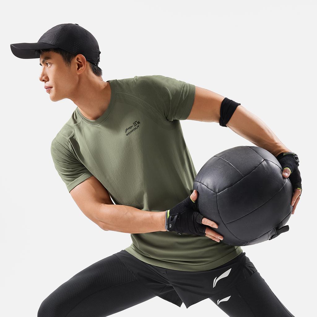 Li-Ning Fitness Series Round Neck Letter Knitted Short Sleeve T-Shirt Men Tops Tea-Green ATSV317-1