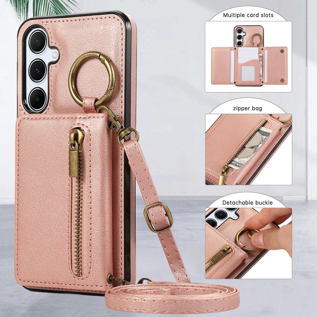 For Samsung Galaxy A26 5G Leather Back Cover Zipper Wallet Kickstand Phone Case with Shoulder Strap