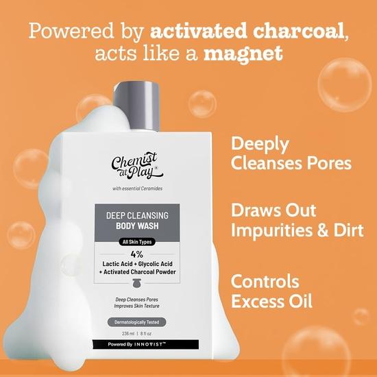 Chemist At Play Tiefenreinigendes Duschgel| Aktivkohle entfernt Schmutz | Milchsäure für die Hautstruktur| Glykolsäure für Peeling| 236ml