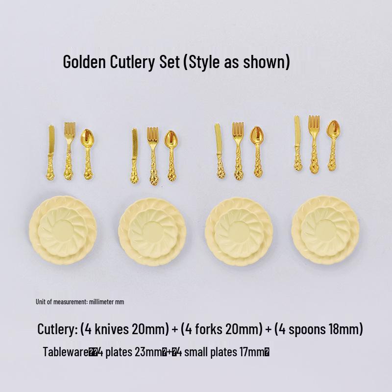 Miniature Dollhouse DIY Model Cake Set: Alloy Plate, Knife, Fork & Spoon Props
