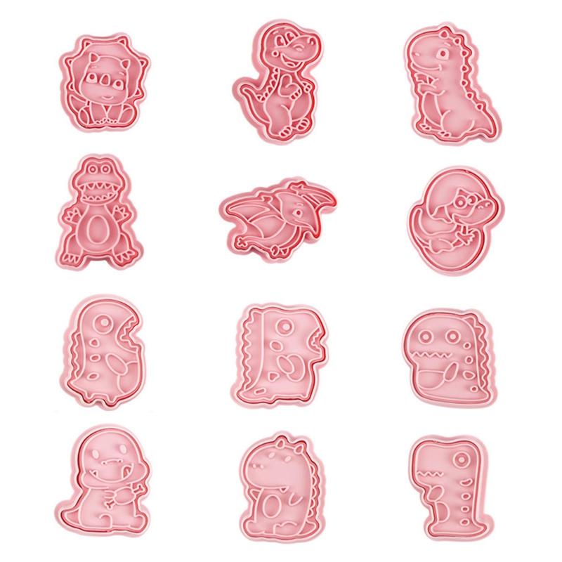 12 Pieces Dinosaur Shape Cookie Moulds Plastic Material Fondant Push-type Household Cookie Cutter Mold Gift for Children