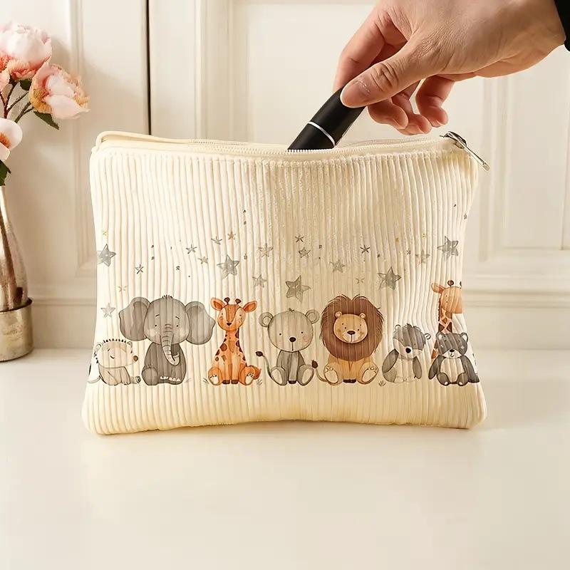 1pc lightweight corduroy makeup bag with animal pattern, multifunctional zipper storage box with lining
