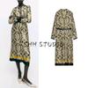 Spring New Women's Clothing Vacation Style with Belt Printed V-neck Long Sleeves Midi Skirt Dress 3897055