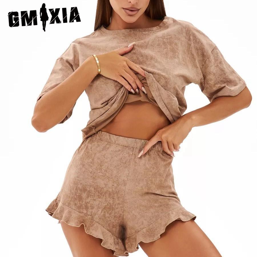 

GMXIA Летний комплект с шортами и футболкой с коротким рукавом, женский свободный и удобный костюм для дома из двух частей XL хаки