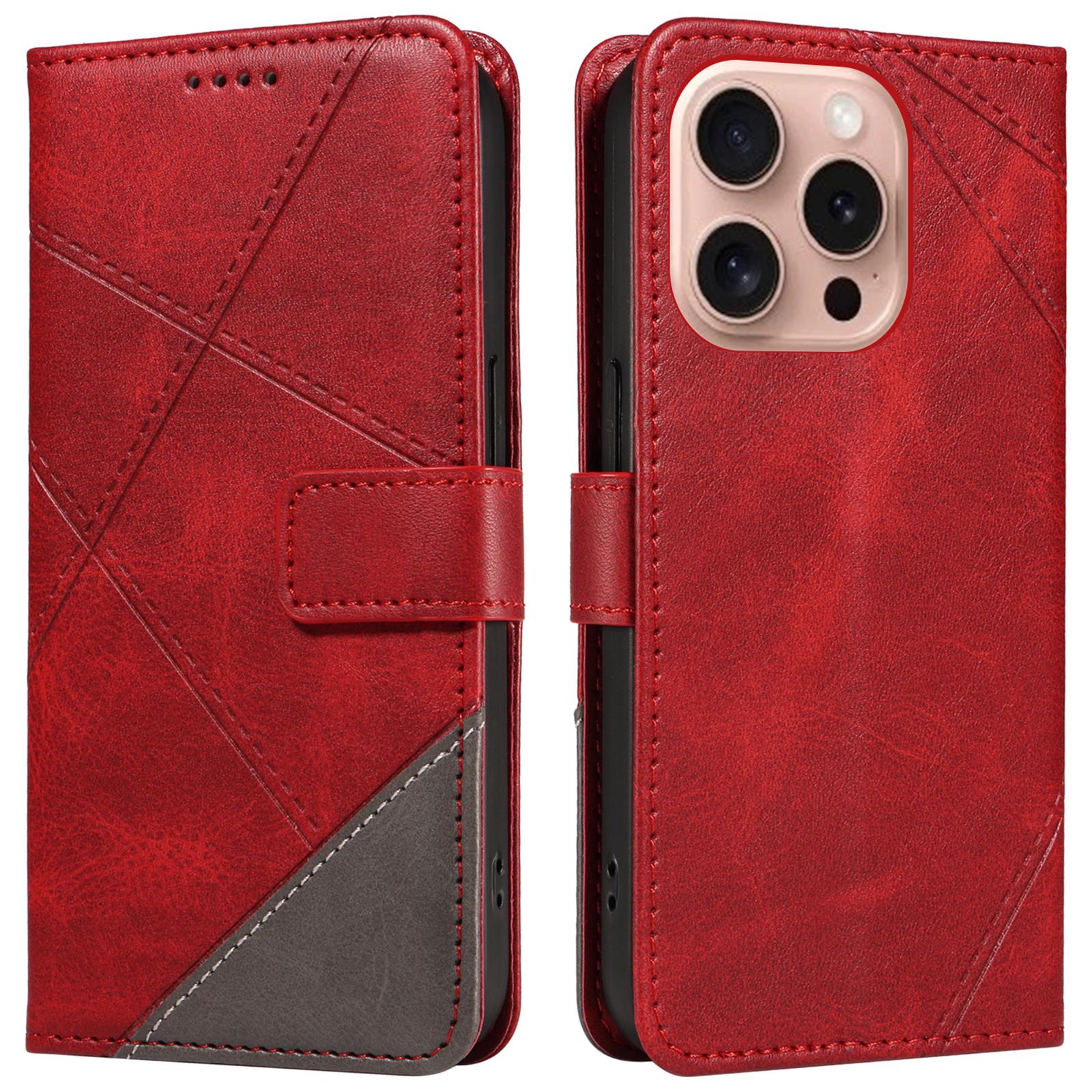 

Чехол для iPhone 16 Pro с держателем для карт, магнитной застежкой, кожаный чехол для телефона, геометрическая линия Red