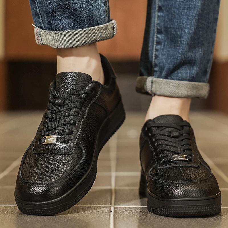 Men's Handcrafted Leather Casual Sneakers, Comfortable Breathable Lace - Up Shoes with Thickened Heel Design for Trendy Outfits