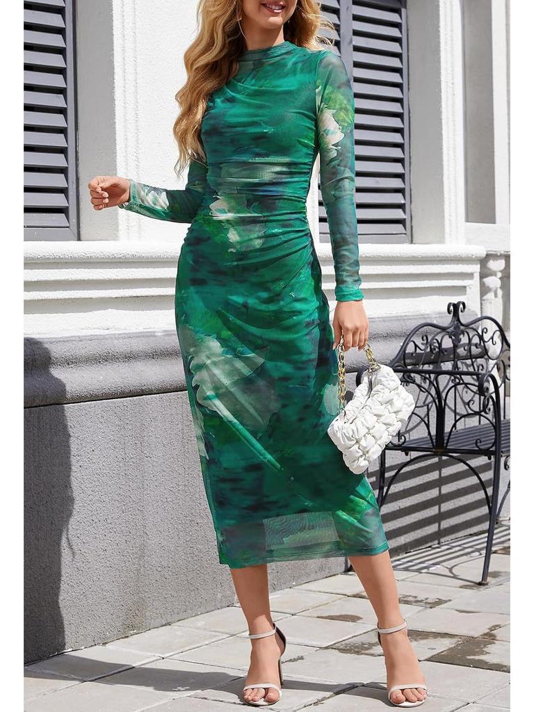 Women's Long-Sleeve Tie-Dye Pleated Cocktail Dress with Stand-Up Collar