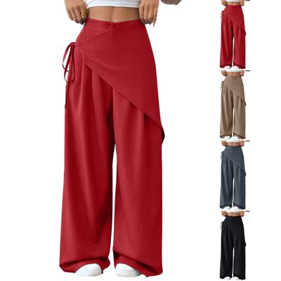 Pantalon décontracté pour femme à la mode, couleur unie, taille élastiquée, jambe large droite, avec poches