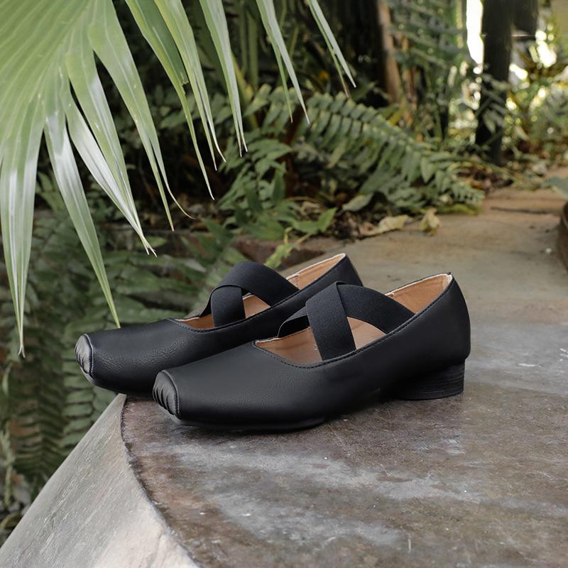 New Year's New Crossed Ballet Sneakers with Square Toe Pleated Retro Style Single Shoes Thick Heels Mary Jane Women's Shoes