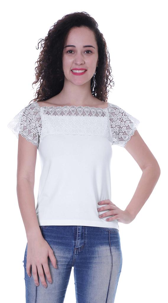 Moomaya Lace Sleeve Tops For Women Plain Boat Neck Tee Shirt