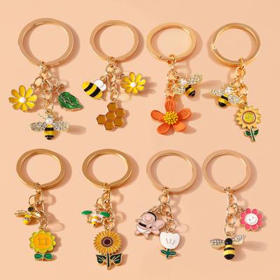 Cute Enamel Bee Keychain Flower Key Ring Pendant for Car Key Holder Women Girl Handbag Decor DIY Handmade Jewelry Gift