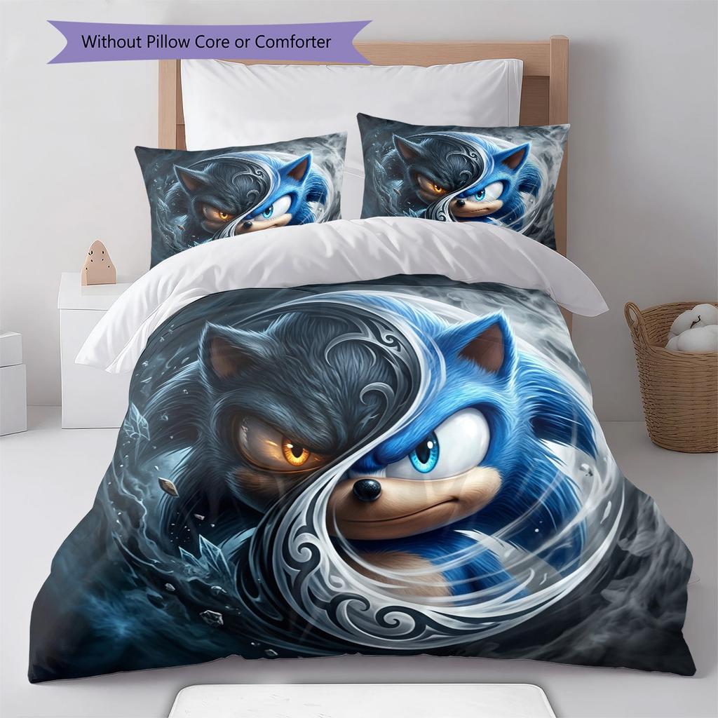 Sonic Hedgehog Pattern Bedding Quilt Set Quilt Cover Pillowcase Home Birthday Gift(1 * Duvet Cover + 2 * Pillowcase, Without Core)