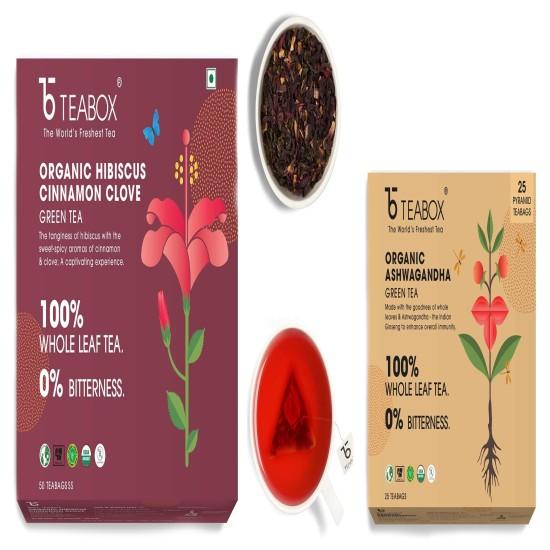 Teabox Organic Hibiscus Cinnamon Clove Green Tea Bags 50 pcs & Teabox Organic Ashwagandha Green Tea 25 Teabags