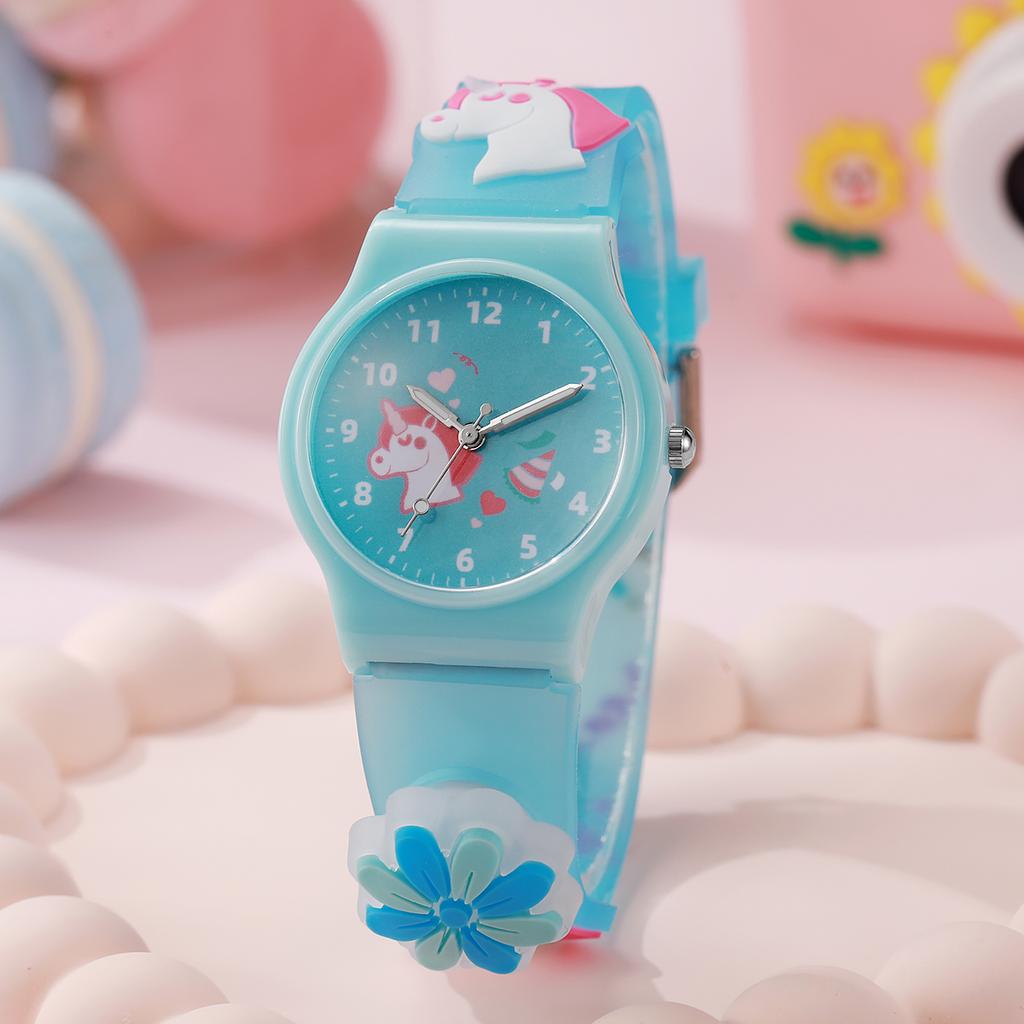 Novo estilo relógio de pulso de quartzo de desenho animado de festa de unicórnio para meninas, pulseira de silicone, relógio de quartzo bonito e colorido para estudantes