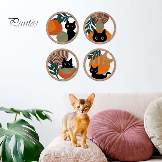 Cat Theme Wall Sign 4Pcs Black Decor Set, Boho Cartoon Hanging Art, Art Set Farmhouse Rustic Wooden Plants for Bedroom Living Room Office
