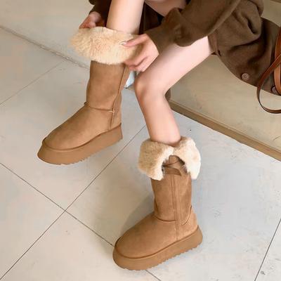 Versión de piel de vaca~ Botas de nieve de invierno para mujer, engrosadas y de terciopelo, de doble uso, con suela gruesa y fina, pero de caña alta y antideslizantes