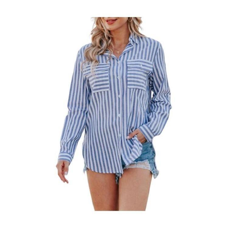 2024 Summer Women's Fashion Striped Long Sleeve Shirt Cotton Polyester Blend