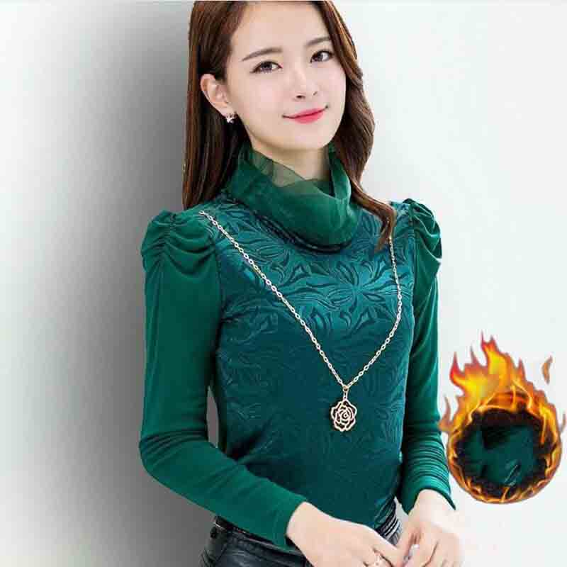 

Плюс бархатная рубашка с подкладкой, женская осенне-зимняя женская универсальная теплая кружевная рубашка больших размеров с высоким воротником XL