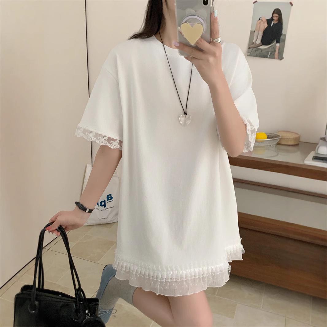 

Хлопковая футболка средней длины с кружевной отделкой – Повседневная, Свободный крой, Круглый вырез, Короткий рукав One Size белый