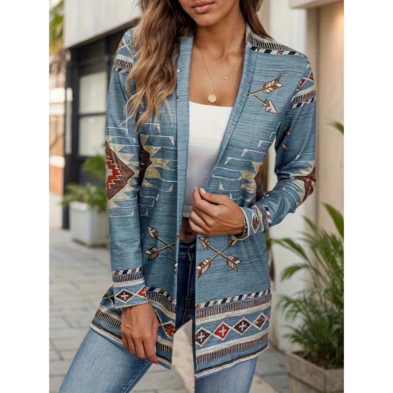 Western Ethnic Print Open Front Cardigan, Casual Long Sleeve Loose Cardigan, Women'S Clothing