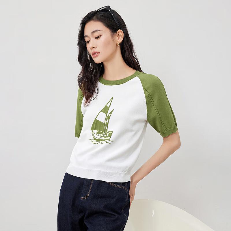 Chuyu Women's Sailboat Jacquard Short-Sleeve Knit Top