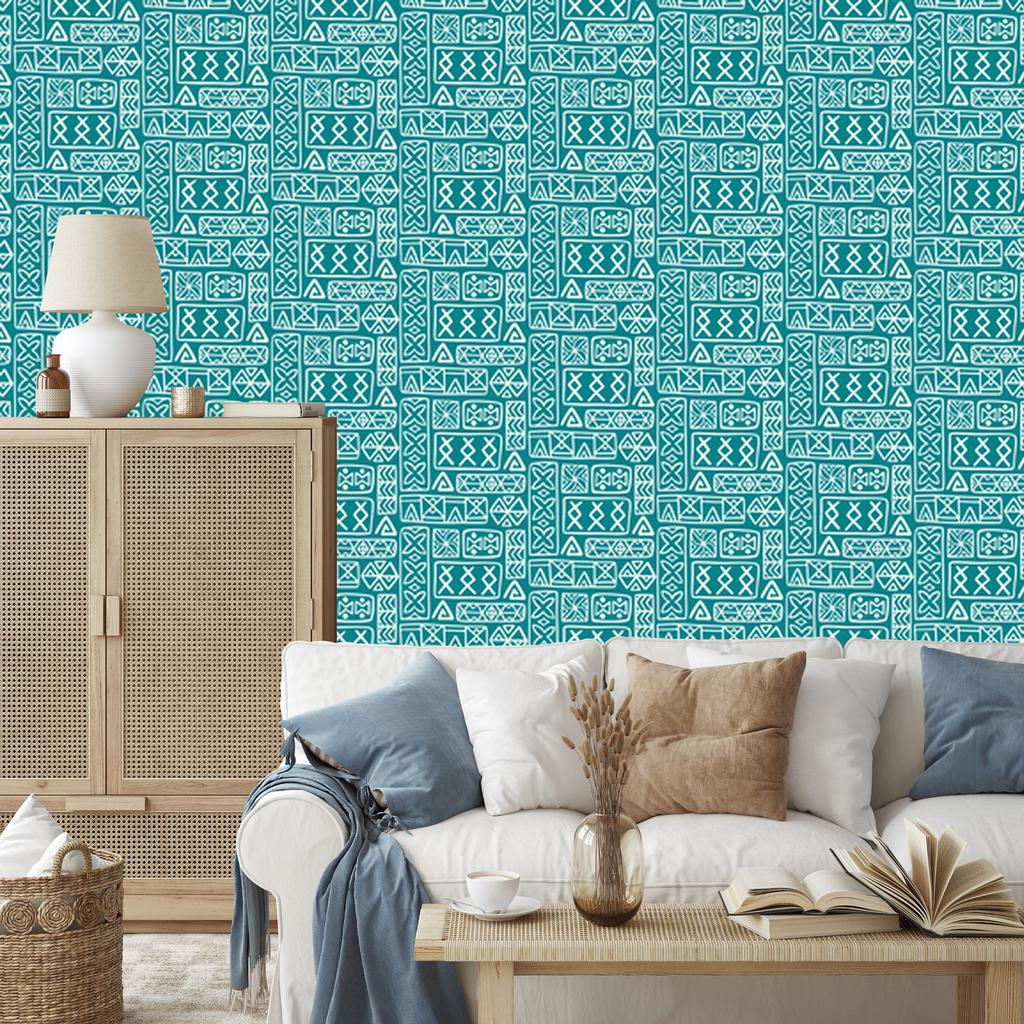 Polynesian Geometric Pattern Turquoise Wallpaper 50x1000